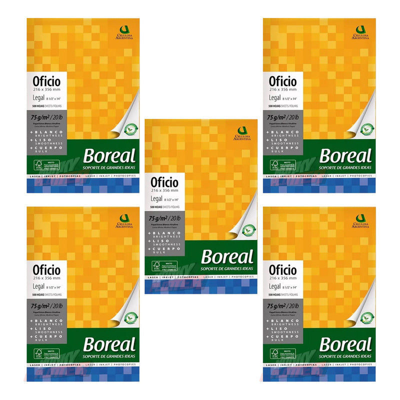 Kit 5 Resmas Oficio Legal 75grs Boreal Color Blanco