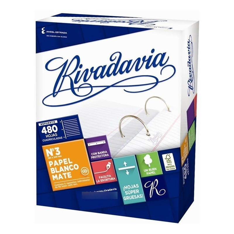 Repuesto Rivadavia N°3 Con Banda X 480 Cuadriculado Blanco Mate