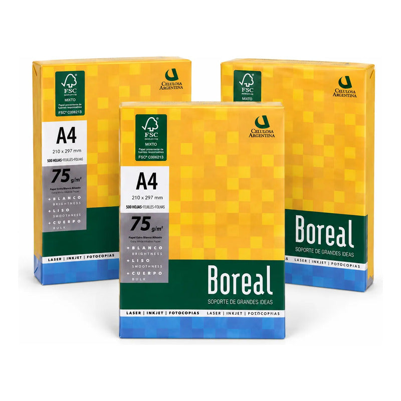 Kit X 3 Resmas A4 75grs Boreal Celulosa Papel Obra 500 Hojas Blanco