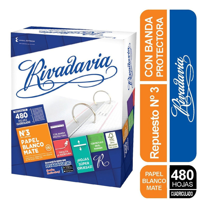 Repuesto Rivadavia N°3 Con Banda X 480 Cuadriculado Blanco Mate