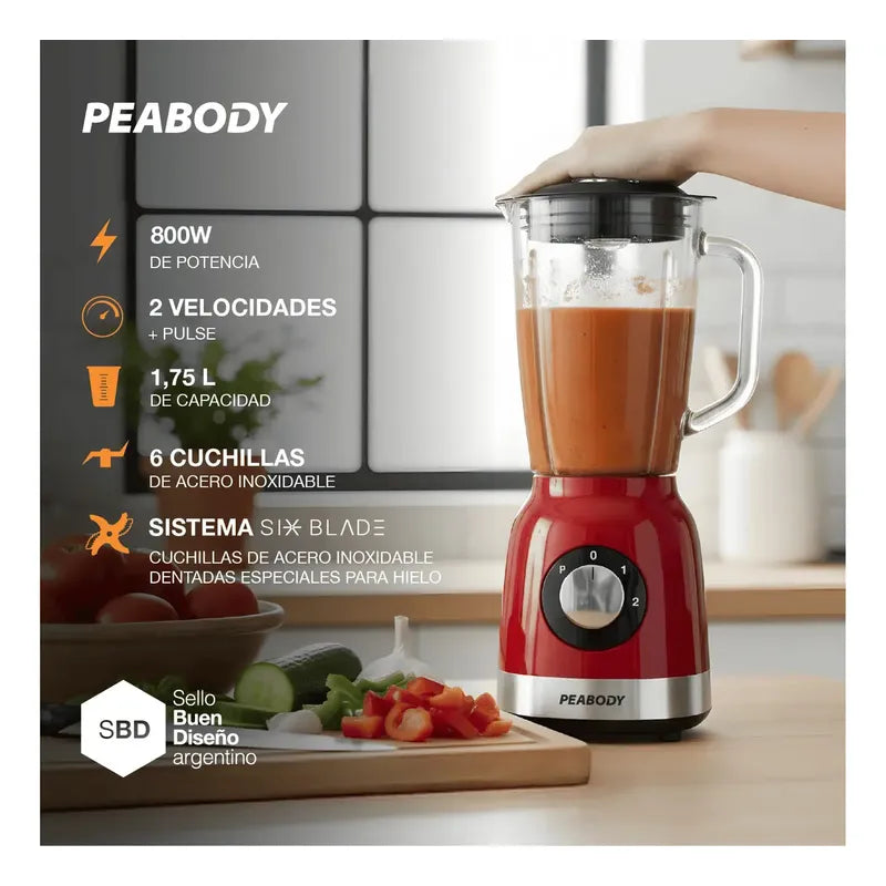 Licuadora Peabody Pe-ln810r Roja 2 Velocidades Jarra De Vidrio 1.75 Litros Rojo