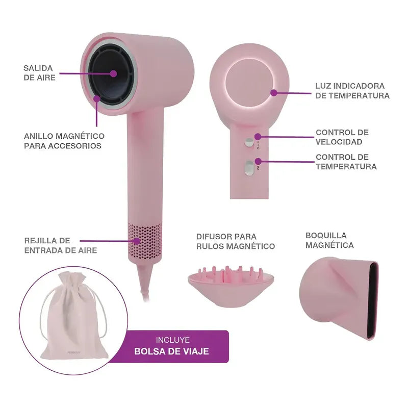 Secador De Pelo Peabody 1600w Spdc02p C/accesorios Rosa Claro