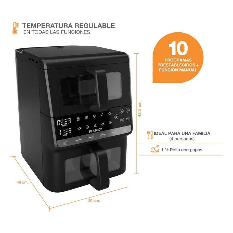 Freidora De Aire Peabody Pe-afdl104n Doble Canasta 10 L Negro
