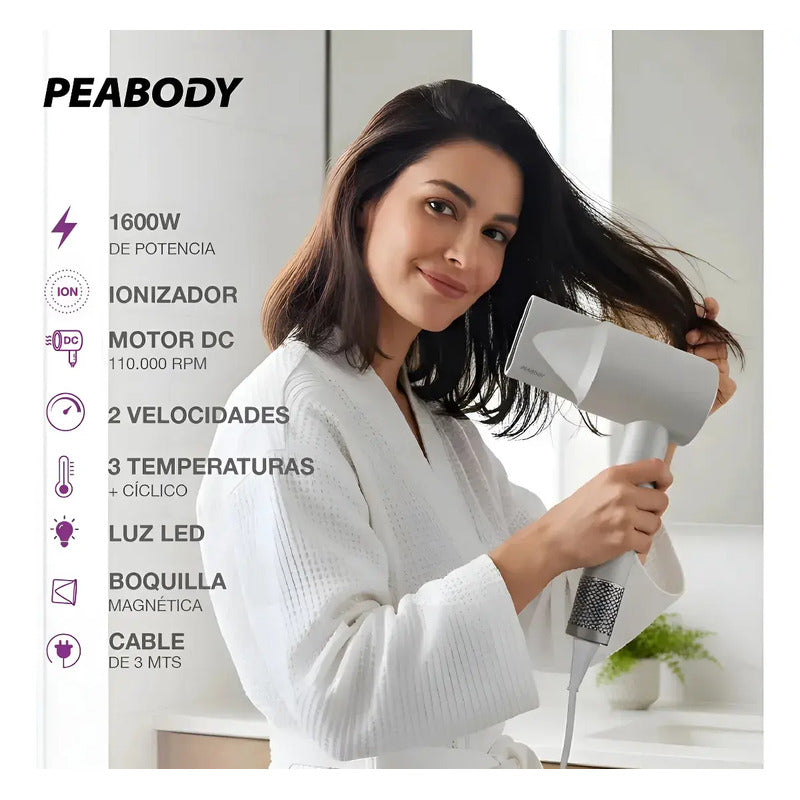 Secador De Pelo 1600w Peabody Spdc01b C/accesorios Blanco