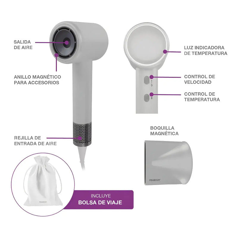 Secador De Pelo 1600w Peabody Spdc01b C/accesorios Blanco