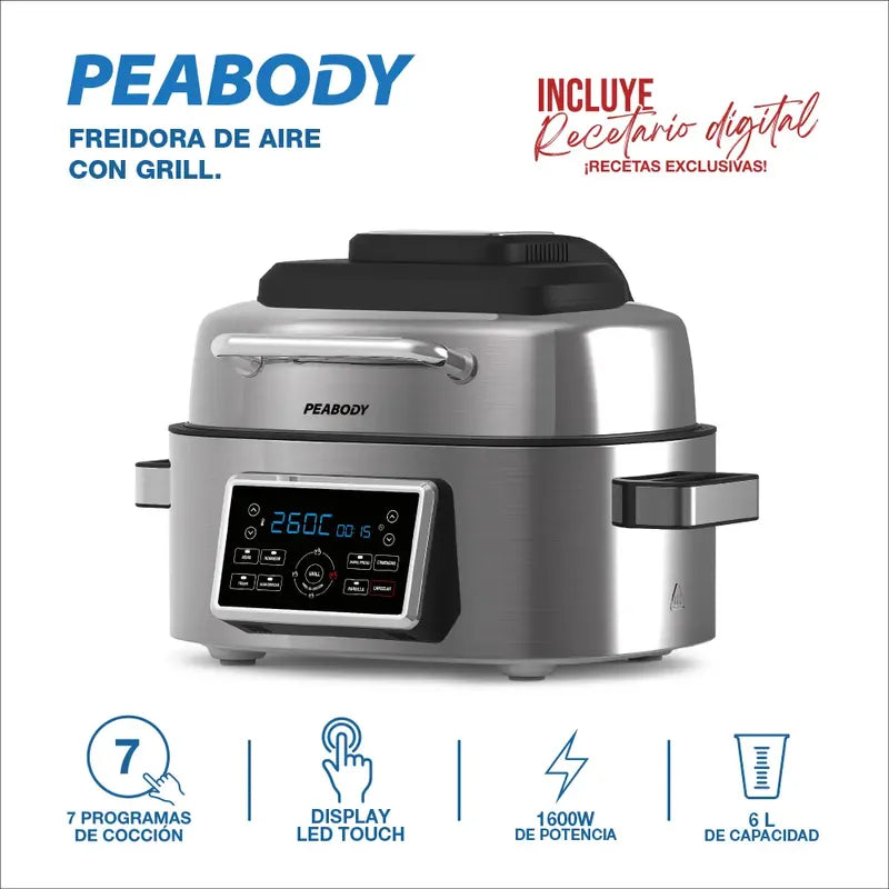 Freidora De Aire Peabody Con Grill 6 Litros 1600 Watts Pe-afg01ix Color Plateado