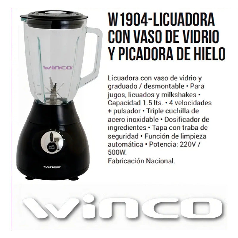 Licuadora Winco W1904 1.5 L Con Jarra De Vidrio 500w