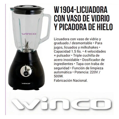 Licuadora Winco W1904 1.5 L Con Jarra De Vidrio 500w