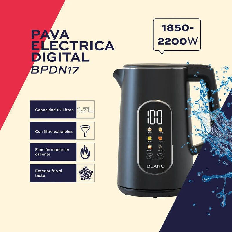 Pava Eléctrica Blanc Pantalla Digital Táctil 1.7l Bpdn17 Negro
