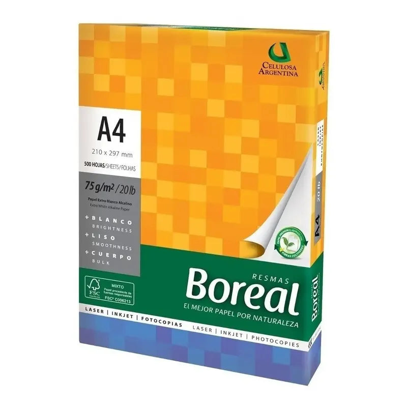 Resma A4 75grs Boreal Celulosa Papel Obra 500 Hojas Blanco