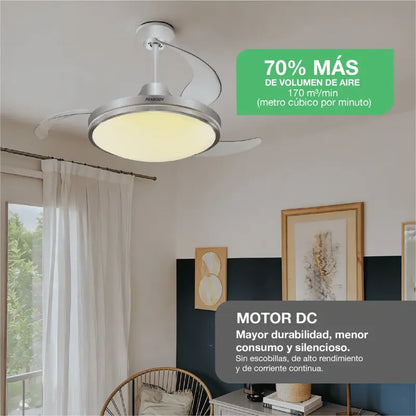 Ventilador De Techo Peabody Pe-vtrdc425s 42 Retráctil Cantidad De Aspas 3 Estructura Silver Aspas Silver Diámetro 1.067 M Frecuencia Wats Material De Las Aspas Acrílico Plateado
