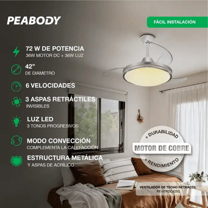 Ventilador De Techo Peabody Pe-vtrdc425s 42 Retráctil Cantidad De Aspas 3 Estructura Silver Aspas Silver Diámetro 1.067 M Frecuencia Wats Material De Las Aspas Acrílico Plateado