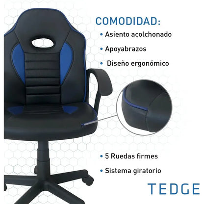 Silla De Escritorio Tedge 435878 Gamer Ergonómica Negra Y Azul Con Tapizado De Cuero Sintético Negro/azul