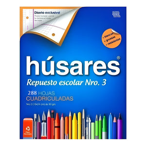 Repuesto Húsares Escolar No3 Cuadriculado 288 Hojas