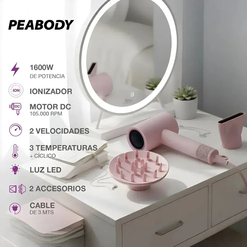 Secador De Pelo Peabody 1600w Spdc02p C/accesorios Rosa Claro