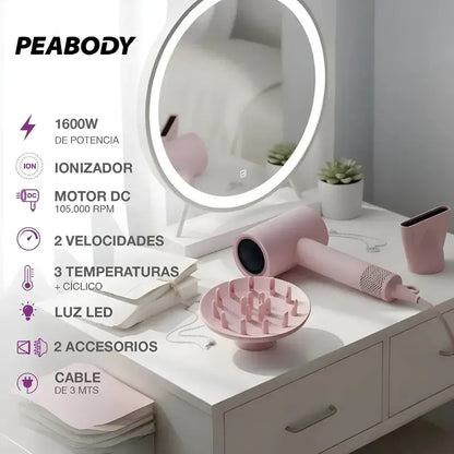 Secador De Pelo Peabody 1600w Spdc02p C/accesorios Rosa Claro
