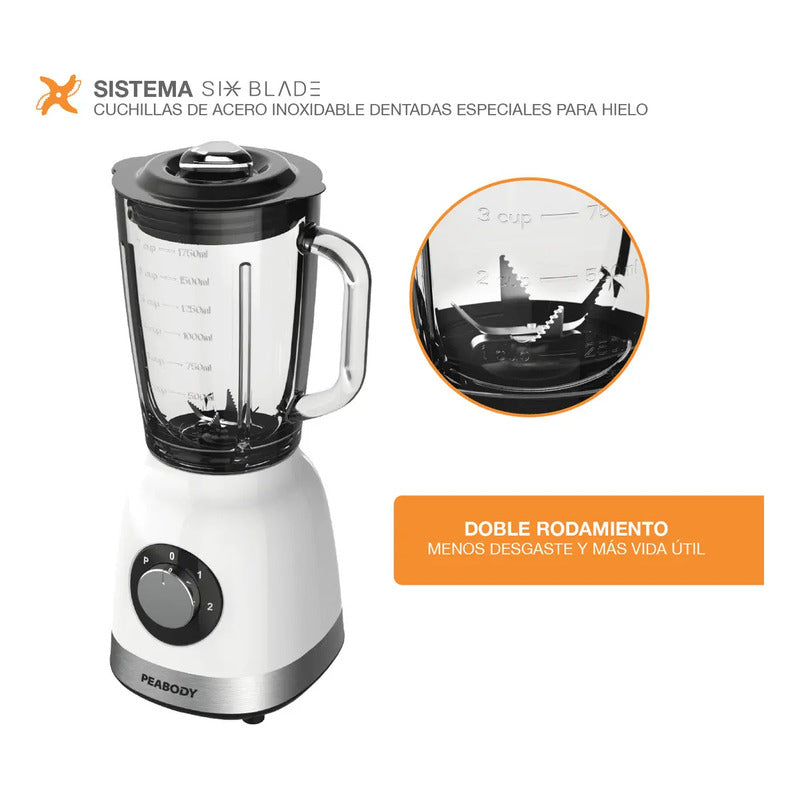 Licuadora Peabody Pe-ln810b Blanca 2 Vel. 800w Jarra Vidrio Color Blanco