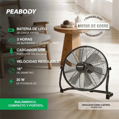 Ventilador Turbo A Bateria Peabody Pe-vtb1630n 24v Con 7 Asp 40.64 Cm Negro 7