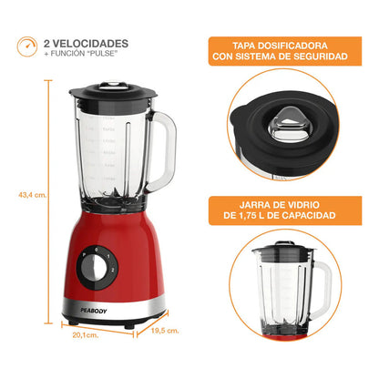 Licuadora Peabody Pe-ln810r Roja 2 Velocidades Jarra De Vidrio 1.75 Litros Rojo