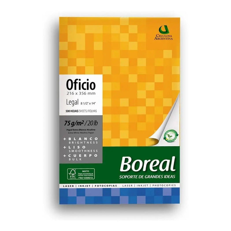 Pack 5 Resmas Papel Obra Oficio 75g Boreal Blanco 2500 Hojas