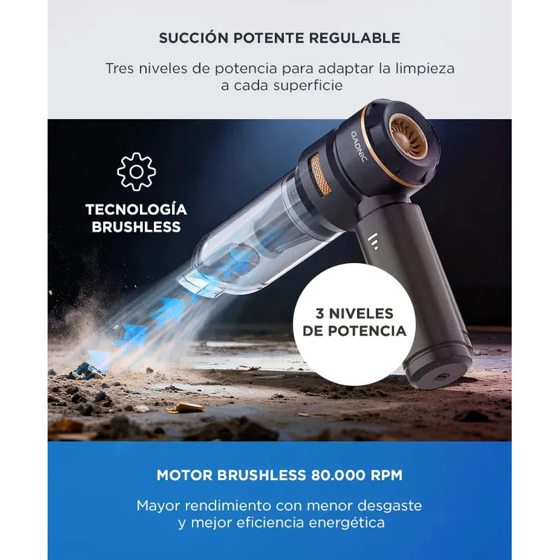 Aspiradora De Mano Gadnic 100w 15kpa Inalambrica Bateria 11.1v Motor Brushless Filtro Hepa Lavable Funcion Soplado Inflado Negro